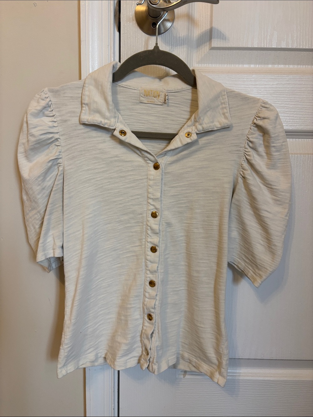 Nation Puff-Sleeve Snap-Front Top